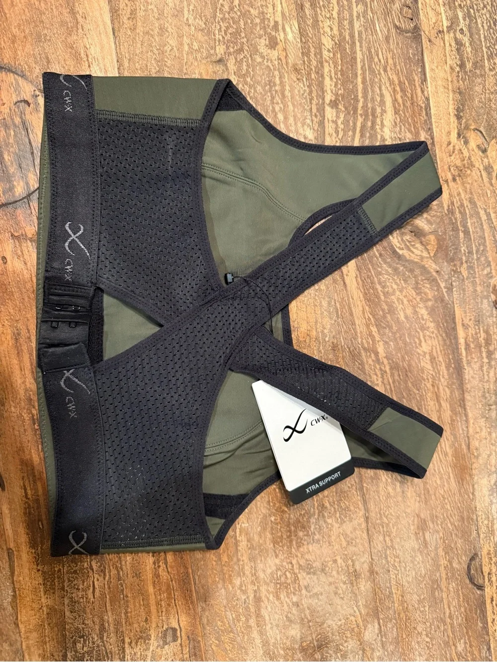 CW-X xtra Support Bra III Olive Green and Black Racerback Support Sports Bra - Picture 4 of 4